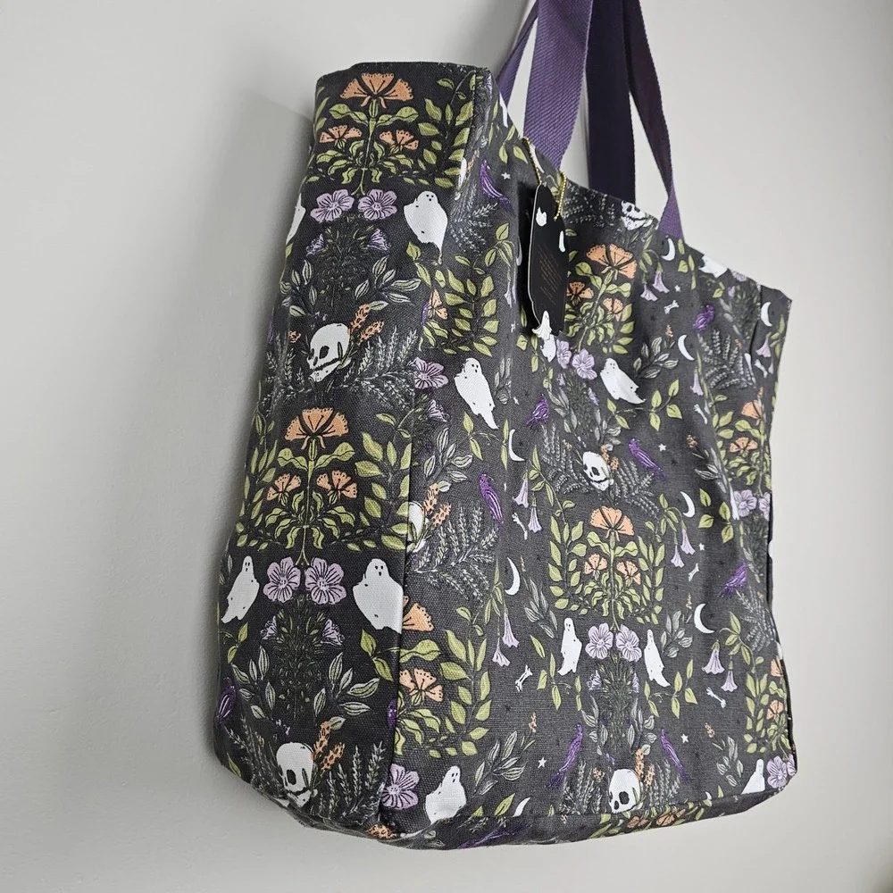 Hallowed Hauntings Tote Bag Unisex OS Black Ghost Skull Floral Halloween Canvas
